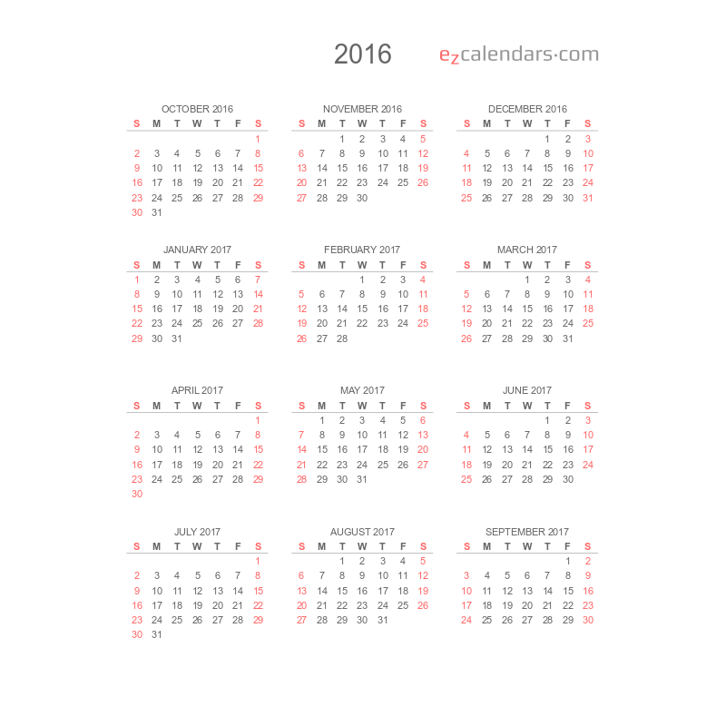 Simple twelve months calendar template EzCalendars