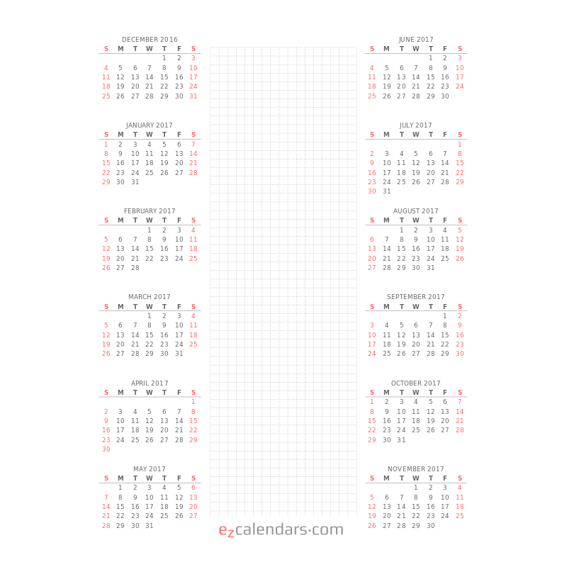 A one-year calendar with a column for notes - EzCalendars